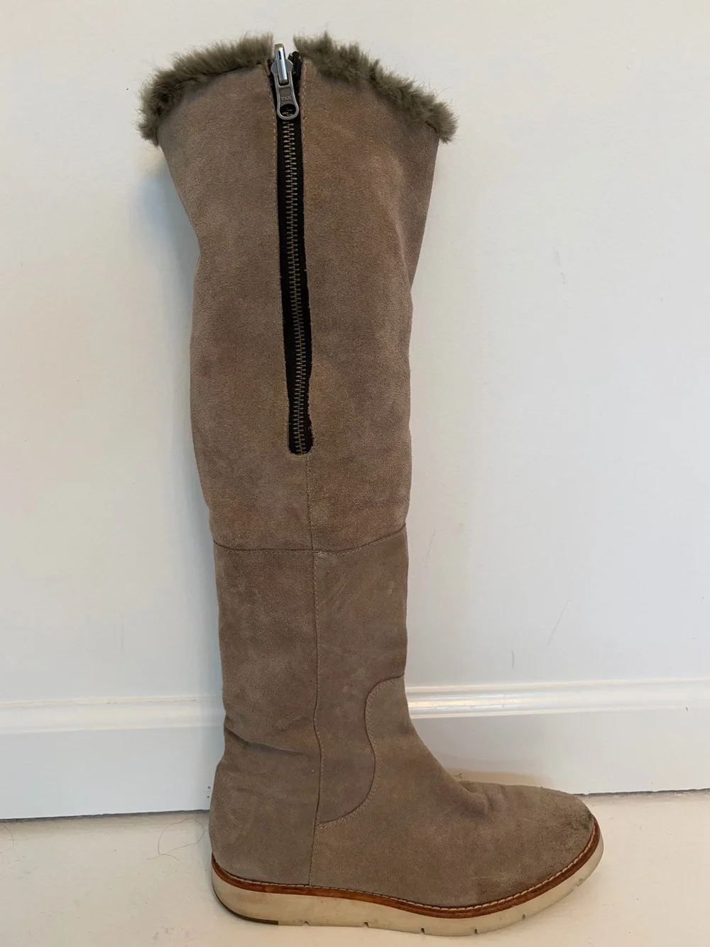 Johnston & Murphy Taupe Suede Knee-High Fur-Trim Boots